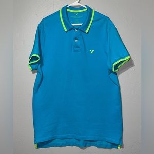 American Eagle Outfitters Men’s Polo - XL - Turquoise with neon green accents.